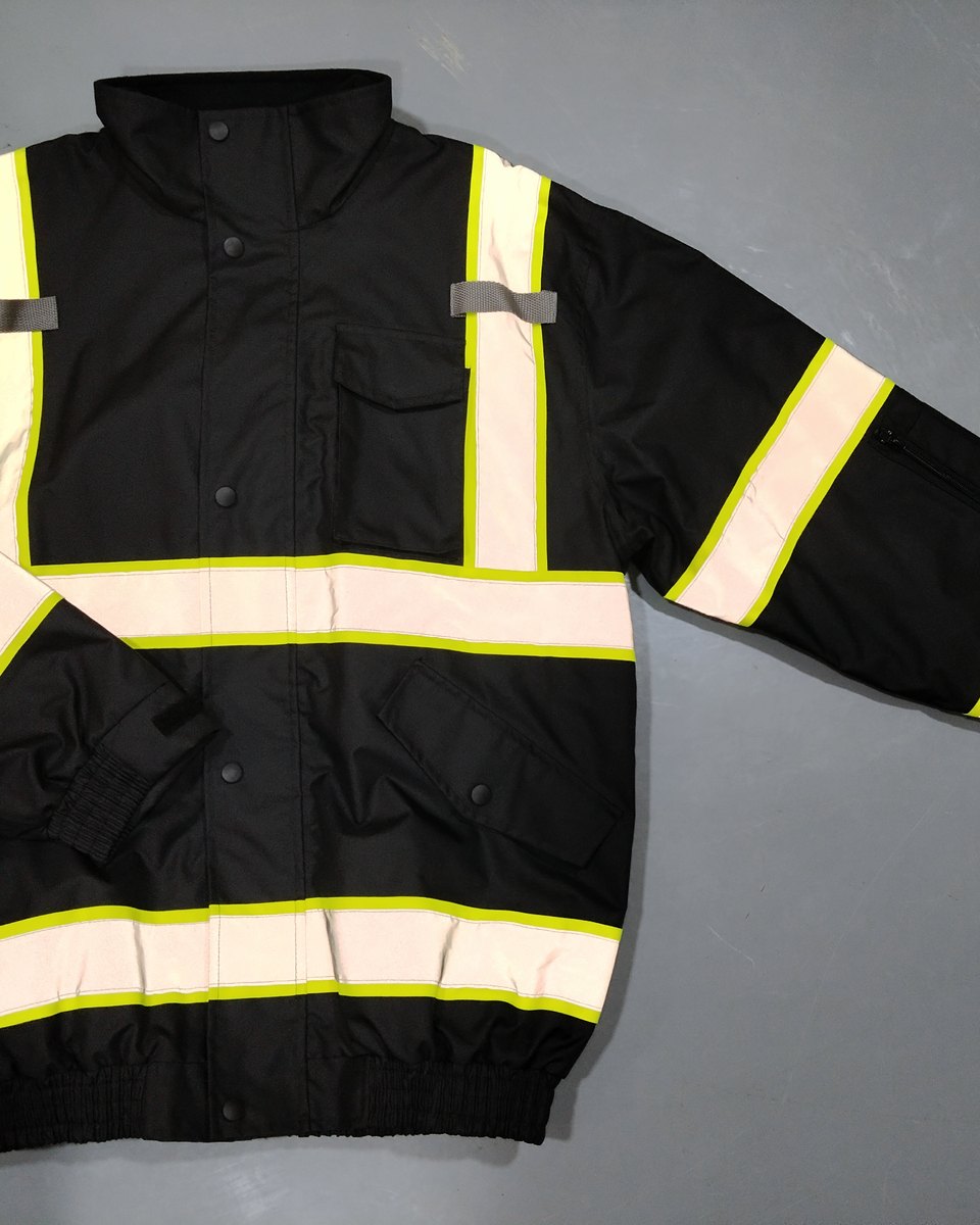 Black hi-vis bomber jacket with two-tone reflective bands